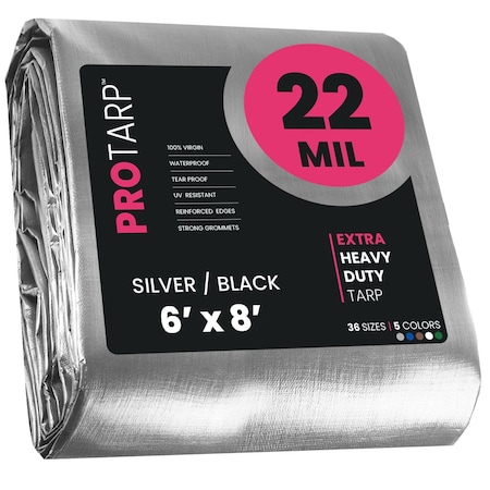Protarp Heavy Duty Tarp, 6 ft x 8 ft, 22 Mil, Silver/Black, Polyethylene, Waterproof, Rip and Tear Proof PT-201-6X8